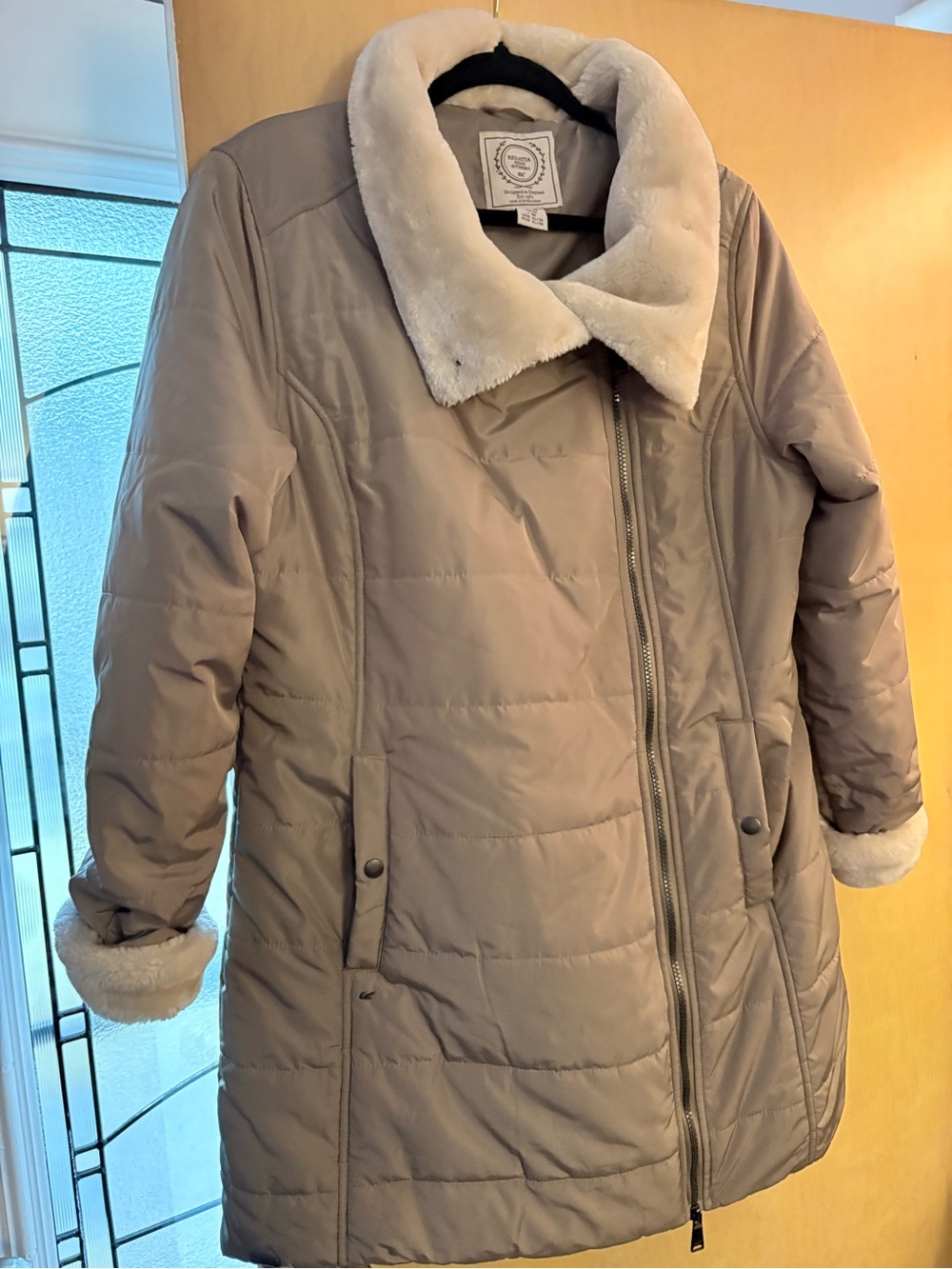 Taupe Puffer Coat with Cream Faux-Fur Collar